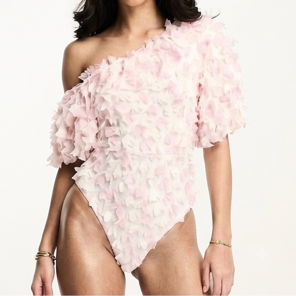 Womens One Shoulder 3D Floral Petal Bodysuit Pink Puff Sleeve Party Top Small